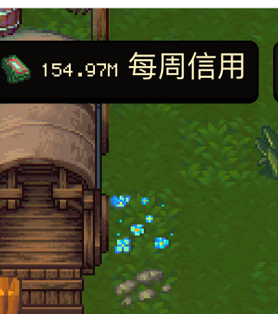 A pixel art game screenshot showing a grassy area next to a wooden structure, with a black info bar displaying '154.97M' and Chinese text meaning 'weekly credit', alongside blue sparkling items on the ground.