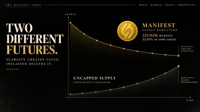 An infographic from 'The Manifest Times' titled 'TWO DIFFERENT FUTURES' contrasting 'MANIFEST Supply Reduction' (221.02M burned, 32.03% of 690M target) leading to stronger coin conviction against 'Uncapped Supply' with continuous expansion that weakens purchasing power.