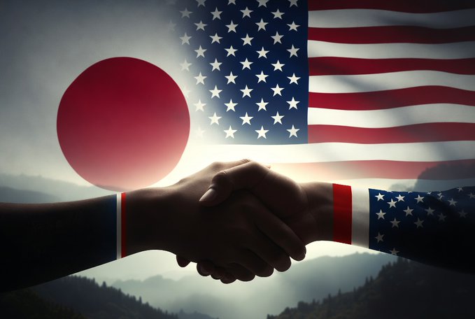 Two hands clasp in a firm handshake against a backdrop of the Japanese and American flags, symbolizing diplomatic relations between the two nations. The accompanying post humorously suggests that the unresolved diplomatic issue could be settled through Bitcoin, tying together the visual metaphor of cooperation with a modern financial solution.