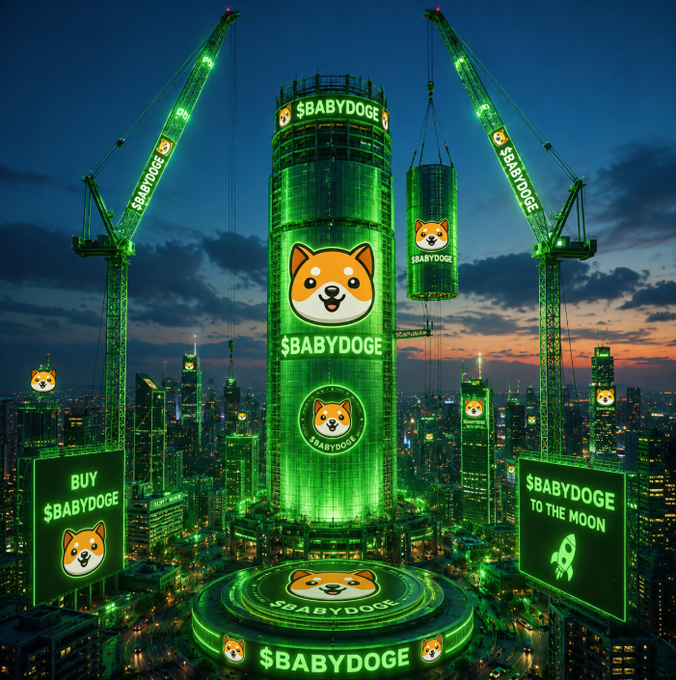 A futuristic nighttime cityscape bathed in green neon light promoting '$BABYDOGE' cryptocurrency, featuring Shiba Inu dog logos on skyscrapers, construction cranes, and billboards reading 'BUY $BABYDOGE' and '$BABYDOGE TO THE MOON.'