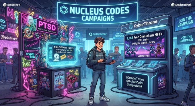 A vibrant anime-style illustration of a digital convention with neon booths promoting 'NUCLEUS CODES CAMPAIGNS,' featuring crypto/NFT projects like PTSD, CryptoRugPulls, and CyberThrone with 'JOIN THE CAMPAIGN' signs.