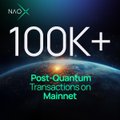 A space-themed promotional graphic for NaoX (NXOX ticker) featuring the bold text "100K+" and "Post-Quantum Transactions on Mainnet," celebrating the platform's milestone of surpassing 100,000 transactions while highlighting its quantum-resistant blockchain architecture.