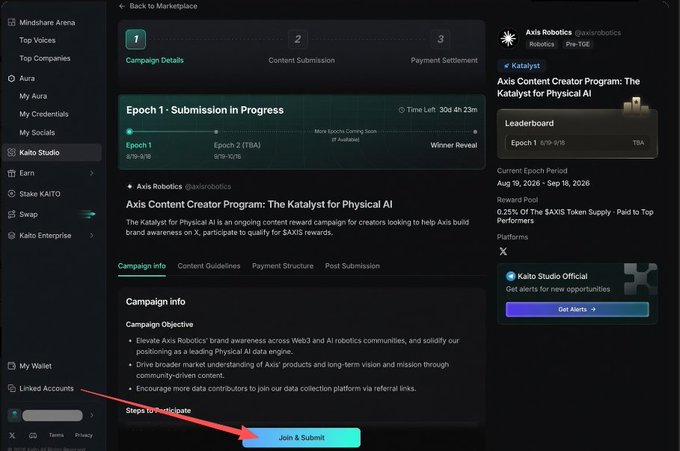 The image shows the Kaito Studio platform displaying the "Axis Content Creator Program: The Katalyst for Physical AI" campaign by @axisrobotics, with Epoch 1 (8/19-9/18) currently in progress and a "Join & Submit" button highlighted in red at the bottom. The user has registered for this campaign, which combines content quality (Mindshare) with real referral engagement to qualify for $AXIS token rewards.