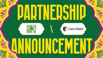 A green and yellow graphic announcing a 'PARTNERSHIP' between 'Hustler Casino' and 'Cake Wallet'.