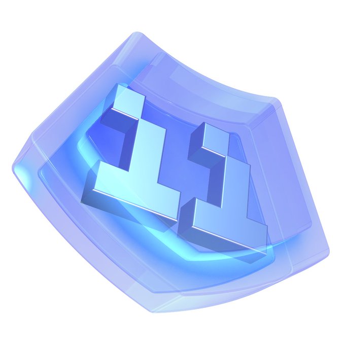 A glossy, translucent 3D-rendered badge featuring a stylized pixelated 'LL' logo glowing blue inside a hexagonal shield.