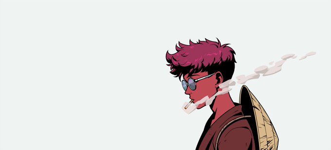 An anime-style illustration of a young person with magenta/purple hair, wearing sunglasses, a hoodie, and carrying a backpack, shown in profile against a light background.