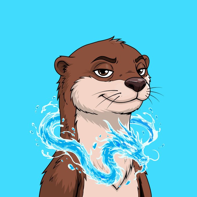 Digital illustration of a tired-looking brown otter against a bright blue background, surrounded by a swirling ring of water.