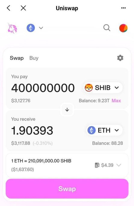 A Uniswap interface on a mobile device showing a swap transaction to exchange 40,000,000 SHIB for 1.90393 ETH, indicating 1 ETH equals 210,091,000.00 SHIB.