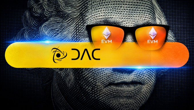 A stylized digital illustration of a statue's face wearing sunglasses with Ethereum (EVM) logos on the lenses, with a yellow skateboard displaying 'JAC' branding across the middle.