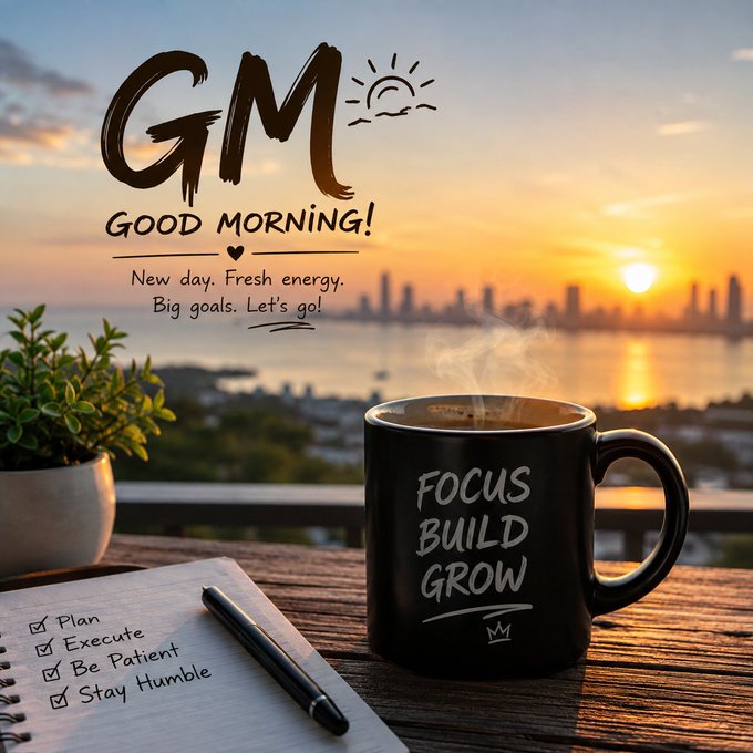 A "GM Good Morning!" motivational graphic set against a sunrise city skyline, featuring a black coffee mug printed with "FOCUS BUILD GROW," a notebook listing goals like "Plan, Execute, Be Patient, Stay Humble," and the message "New day. Fresh energy. Big goals. Let's go!"