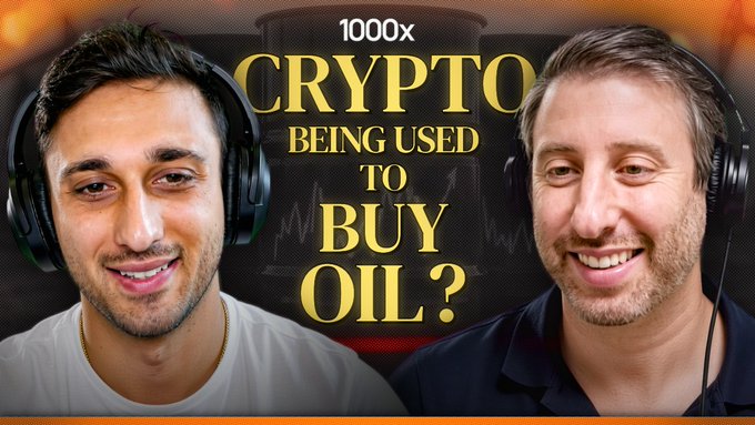 A podcast or video thumbnail showing two smiling men wearing headphones, with text reading '1000x CRYPTO BEING USED TO BUY OIL?' over an oil barrel background.