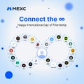 A smaller, lower resolution version of the MEXC 'Connect the ∞' International Day of Friendship promotional graphic featuring cryptocurrency tokens.