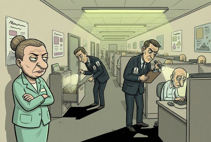 A cartoon illustration of a drab office environment with cubicles, featuring a stern woman in green scrubs with crossed arms, while men in suits investigate a filing cabinet and another man works at a computer.