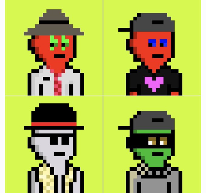 A pixel-art collage of four stylized character portraits on bright yellow-green backgrounds, each sporting different colored skin, hats, and clothing combinations.