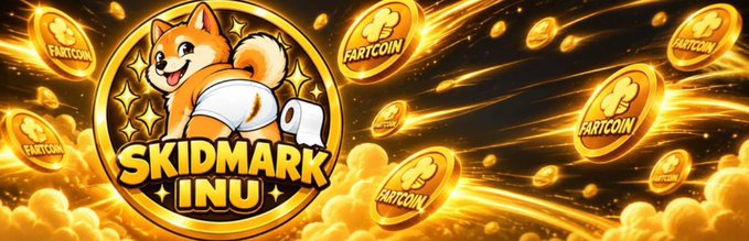 A promotional banner for 'SKIDMARK INU' cryptocurrency, showing a cartoon Shiba Inu dog wearing a diaper surrounded by flying gold coins labeled 'FARTCOIN'.