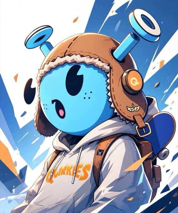 An illustration of a blue cartoon-like character wearing a pilot/aviator cap with antennae, a white hoodie with 'Quarkles' branding, and carrying a skateboard on its back.