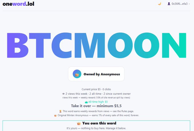 A screenshot of the OneWord.lol platform showing the word "BTCMOON" owned by an Anonymous user, currently priced at $5 with 0 clicks, 2 views, and 2 all-time views, as referenced in the post about purchasing the "BTC Moon" word.