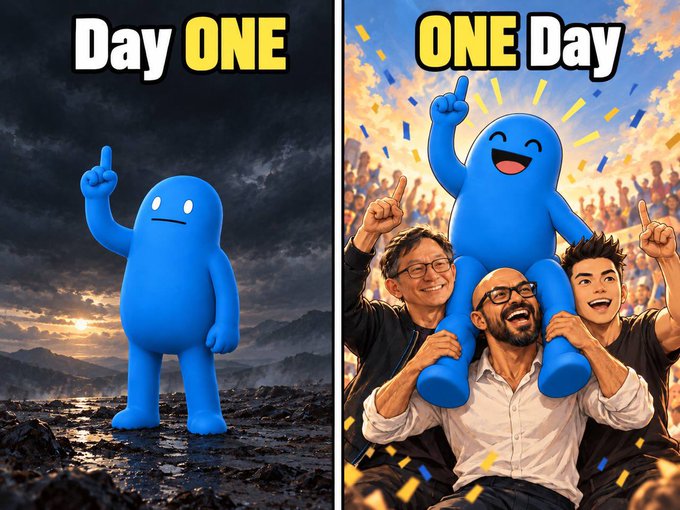A meme split image showing a blue character alone under 'Day ONE' on the left and celebrating with a crowd under 'ONE Day' on the right.