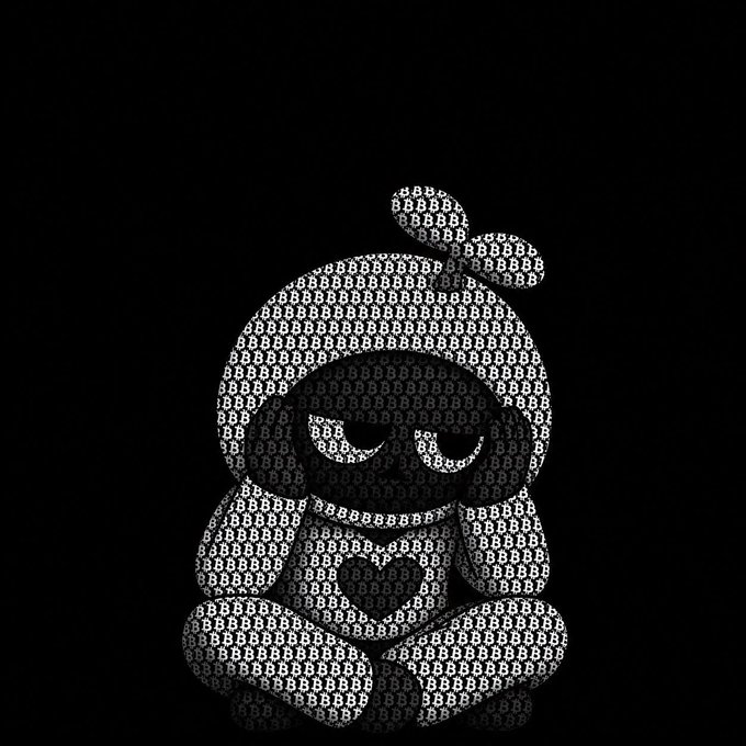 An artistic illustration of a hooded figure composed entirely of repeated 'B' characters against a black background.