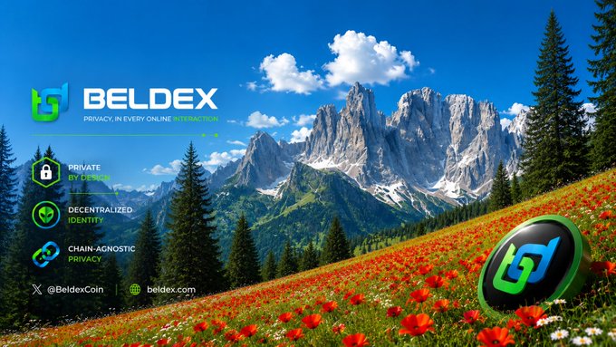A promotional graphic for Beldex with the tagline 'PRIVACY IN EVERY ONLINE INTERACTION', highlighting features like private by design, decentralized identity, and chain-agnostic privacy, set against a mountain landscape.