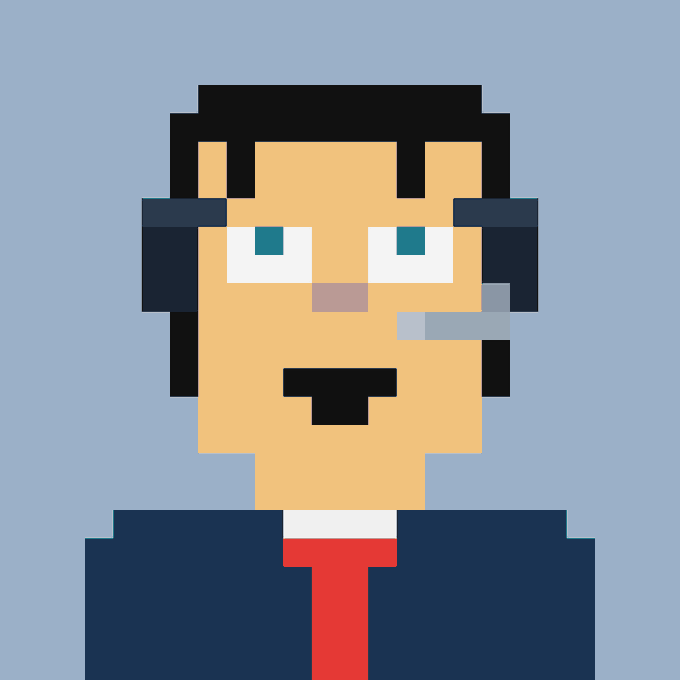 A pixel art portrait of a man with dark hair, green eyes, wearing glasses, a dark blue suit, and a red tie against a solid gray-blue background.