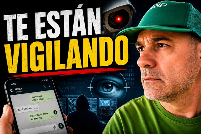 A YouTube-style thumbnail with the Spanish text 'TE ESTÁN VIGILANDO' (They are watching you), showing a man in a green cap looking suspiciously at a smartphone chat, surrounded by surveillance imagery.