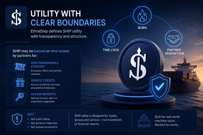 A promotional graphic titled 'UTILITY WITH CLEAR BOUNDARIES' explaining EthraShip's SHIP token utility, featuring icons for BURN, TIME LOCK, PARTNER REDEMPTION, and notes about non-transferable coupons, service credits, and access benefits.