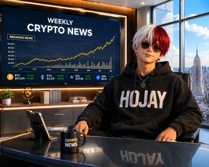 An anime-style illustration of a character with half-red, half-white hair wearing sunglasses and a 'HOJAY' hoodie, sitting at a desk with a 'WEEKLY CRYPTO NEWS' screen showing BTC, ETH, SOL, and ADA price charts.
