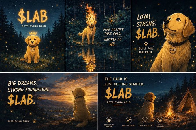 A collage of five promotional graphics featuring golden retrievers in forest and camping settings with the brand name '$LAB RETRIEVING GOLD' and slogans like 'FIRE DOESN'T TAKE GOLD. NEITHER DO WE.', 'LOYAL. STRONG. $LAB. BUILT FOR THE PACK.', 'BIG DREAMS. STRONG FOUNDATION. $LAB.', and 'THE PACK IS JUST GETTING STARTED.' alongside icons for community, built different, loyal holders, and royal purpose.
