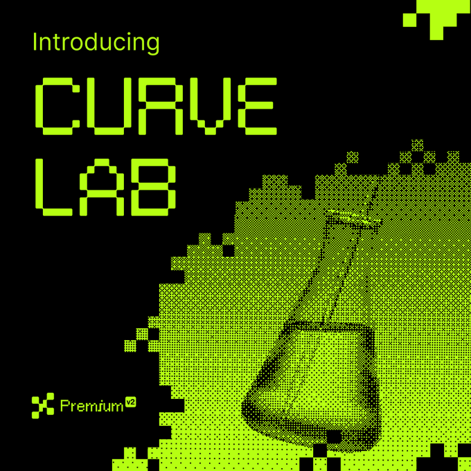 A pixelated, retro-style promotional graphic on a black background announces "Introducing CURVE LAB" in blocky green text, while the lower right features a halftone illustration of an Erlenmeyer flask in green tones, visually representing the laboratory theme mentioned in the accompanying post about the $PRM Premium v2 demo, which highlights how the protocol's pools convert dead liquidity into stock reserves to bring real-world assets (RWA) like penny stocks onchain.