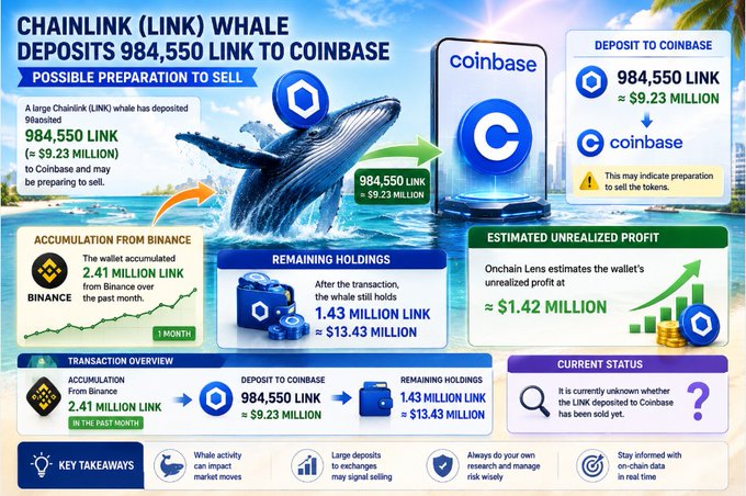 A crypto news graphic titled 'CHAINLINK (LINK) WHALE DEPOSITS 984,550 LINK TO COINBASE', detailing whale wallet activity, accumulation from Binance, remaining holdings of 1.43 million LINK, and an estimated profit of approximately $1.42 million.