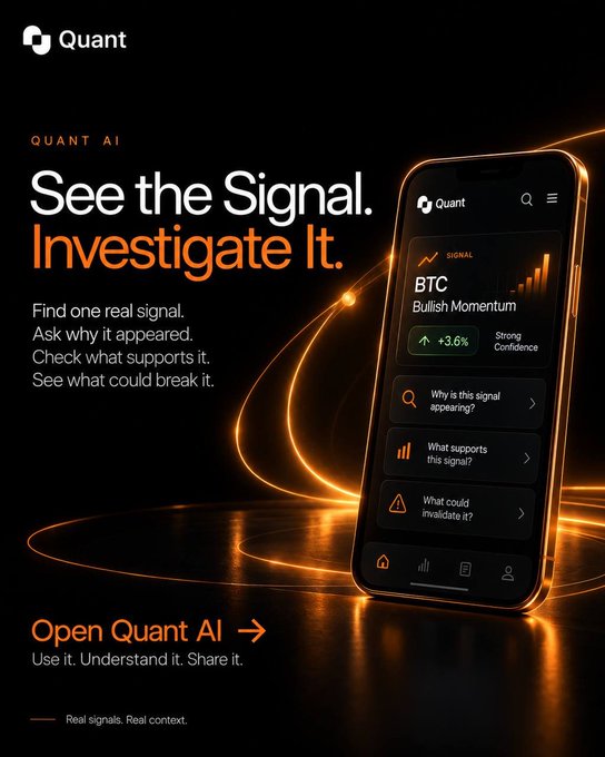 Promotional advertisement for 'Quant AI' with the tagline 'See the Signal. Investigate It.' showing a smartphone displaying a 'BTC Bullish Momentum +3.6%' signal on a dark background with orange glowing effects.