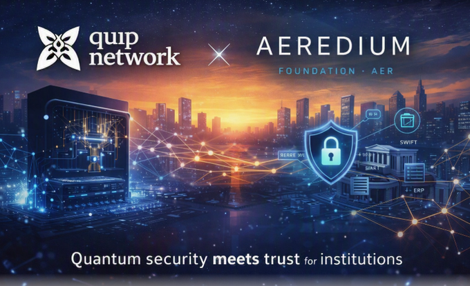 A promotional graphic for 'quip network' and 'AEREDIUM FOUNDATION · AER' with the tagline 'Quantum security meets trust for institutions,' featuring a futuristic cityscape and quantum computing imagery.