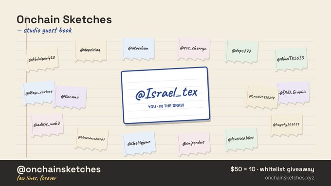 A promotional graphic titled 'Onchain Sketches' featuring a 'studio guest book' with various usernames in sticky note graphics, highlighting '@Israel_tex' as 'YOU - IN THE DRAW' for a '$50 × 10 · whitelist giveaway' at onchainsketches.xyz.