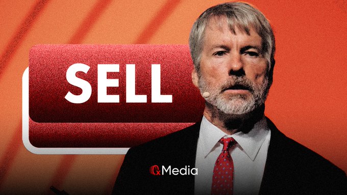 The image features an advertisement with a man wearing a suit and tie standing against a red background. The text "Sell" is prominently displayed above him, along with the words "Strategy", "Saylor", and "Preferred Stock Dividends". The image also includes a link to a post on Twitter that says "Focus on what is in the image and how it relates to the post."