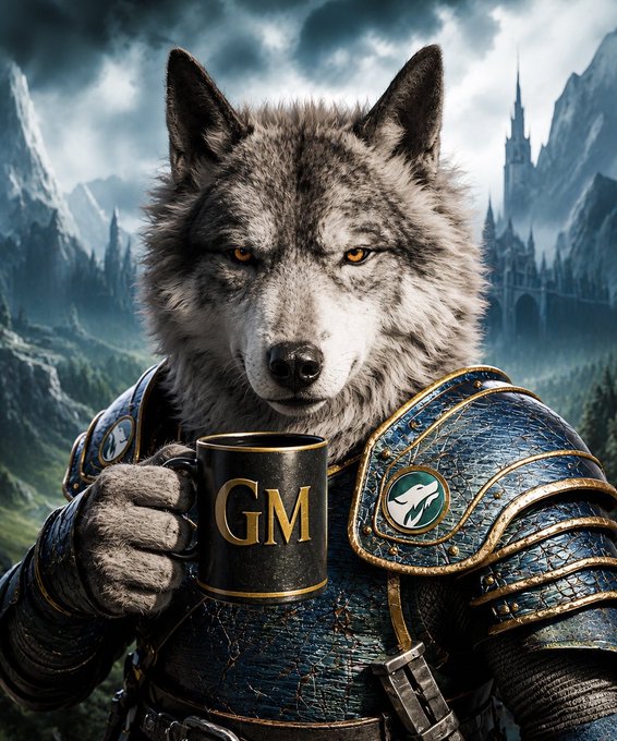 A fantasy-style digital artwork of a wolf warrior in ornate blue and gold armor holding a black mug with gold 'GM' lettering, set against a dramatic mountain and castle backdrop.