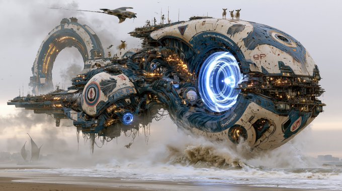 A digital artwork depicting a massive sci-fi spaceship or floating fortress with a glowing blue energy core, hovering above crashing ocean waves.
