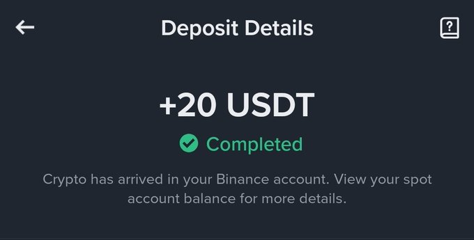 Deposit Details screen showing a completed transaction of +20 USDT, with text confirming 'Crypto has arrived in your Binance account. View your spot account balance for more details.'