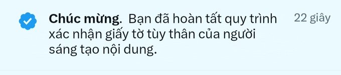 A Vietnamese notification from Meta reads 'Chúc mừng. Bạn đã hoàn tất quy trình xác nhận giấy tờ tùy thân của người sáng tạo nội dung.' indicating the creator identity verification process is complete.