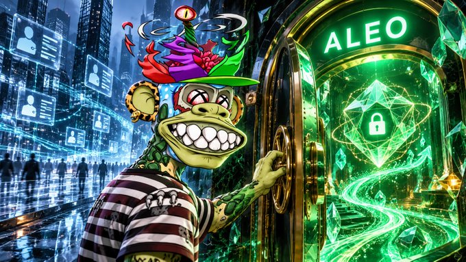 An AI-generated digital artwork depicting a grinning, colorful monkey character standing in a futuristic cityscape next to a glowing green vault or machine labeled 'ALEO' with a padlock icon.