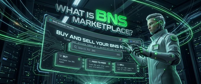 A futuristic sci-fi graphic featuring a person in a high-tech suit and helmet interacting with a holographic interface that reads 'WHAT IS BNS MARKETPLACE?' and 'BUY AND SELL YOUR BNS' with options for 'BUY', 'PEER-TO-PEER', and 'SELL'.