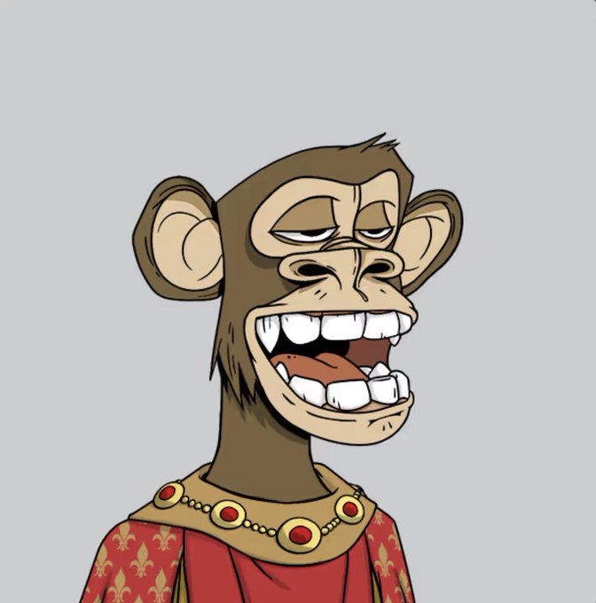 The image features a cartoon monkey wearing red and gold clothing with a flower on his lapel, making him look fancy and royal-like. The monkey has multiple teeth showing and appears to be laughing or speaking, as if he's engaged in a conversation or telling a joke. This amusing scene is set against a gray background, giving the image a vibrant and lively feel.