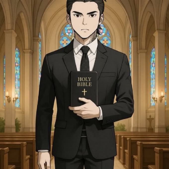 An anime-style illustration of a serious man in a black suit holding a 'HOLY BIBLE' inside a church with stained glass windows.
