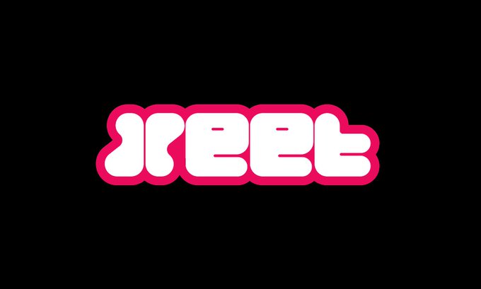 The image features a large block of text written in pink and white, which reads "reeet" in a stylized font. The background of the image is black with a gray border. There are also some small icons placed around the edges of the image.