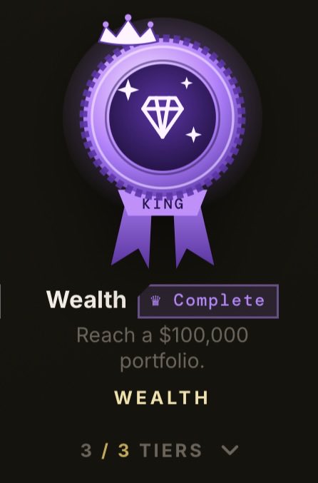 A purple "King" badge displaying a "Wealth" achievement marked as "Complete" for reaching a $100,000 portfolio, with 3/3 tiers unlocked. The image supports the post's joke that the $100,000 threshold is too low and a $1 million tier should be added.