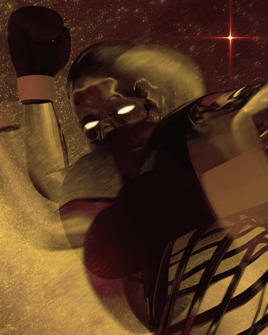 A stylized, dark metallic figure with glowing eyes raises a boxing-gloved fist against a starry cosmic backdrop, embodying a defiant stance of perseverance that aligns with the bold proclamation "𝑸𝒖𝒊𝒕𝒕𝒊𝒏𝒈 𝑰𝒔 𝑵𝒐𝒕 𝒂𝒏 𝑶𝒑𝒕𝒊𝒐𝒏" for this 1/1 NFT minted on Transient Labs.