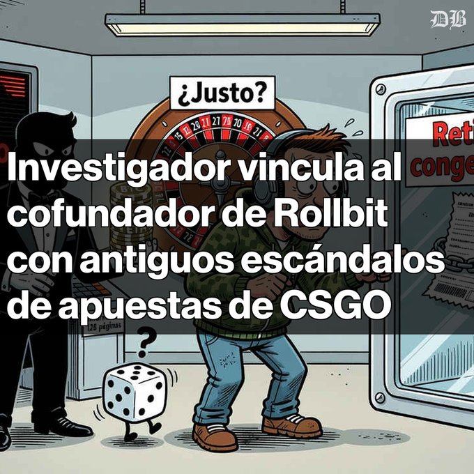 A cartoon illustration showing a nervous man near a roulette table with a shadowy, suited figure nearby and a die with a question mark. Spanish text reads 'Investigador vincula al cofundador de Rollbit con antiguos escándalos de apuestas de CSGO' and a speech bubble says '¿Justo?'.