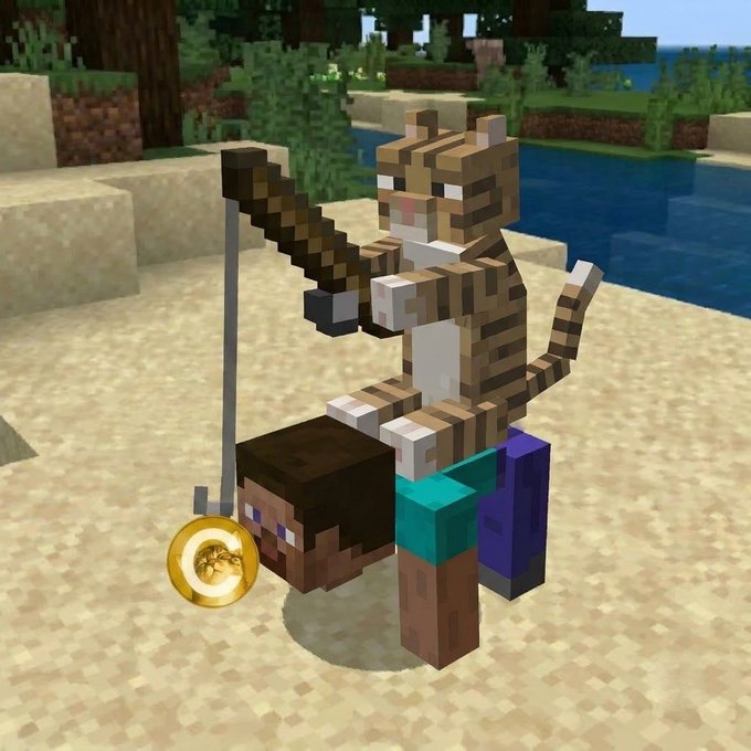 A Minecraft Steve character has been decapitated by a tiger wielding a fishing rod with a golden lure, symbolizing the poster's dramatic shift from criticizing the $CATE community to officially joining their movement as a holder.