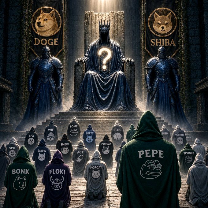 Fantasy art showing hooded figures labeled with meme names (PEPE, DOGE, SHIBA, FLOKI, BONK, SPX, etc.) bowing before a throne occupied by a shadowy figure with a question mark.