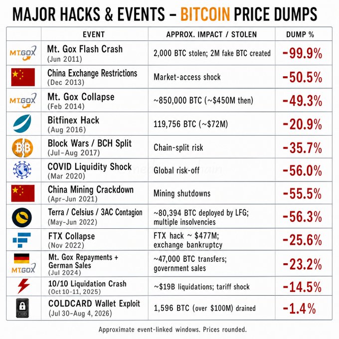 This chart displays major hacks and events impacting Bitcoin prices, showing how the percentage of price dumps has significantly decreased over time, exemplified by the Mt. Gox flash crash of -99.9% in 2011 versus the COLDCARD Wallet exploit of only -1.4% in 2026.